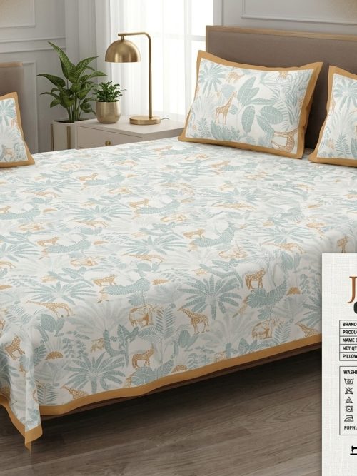 Jalmahal Premium Cotton Super King Bedsheet Set – Safari Forest Print